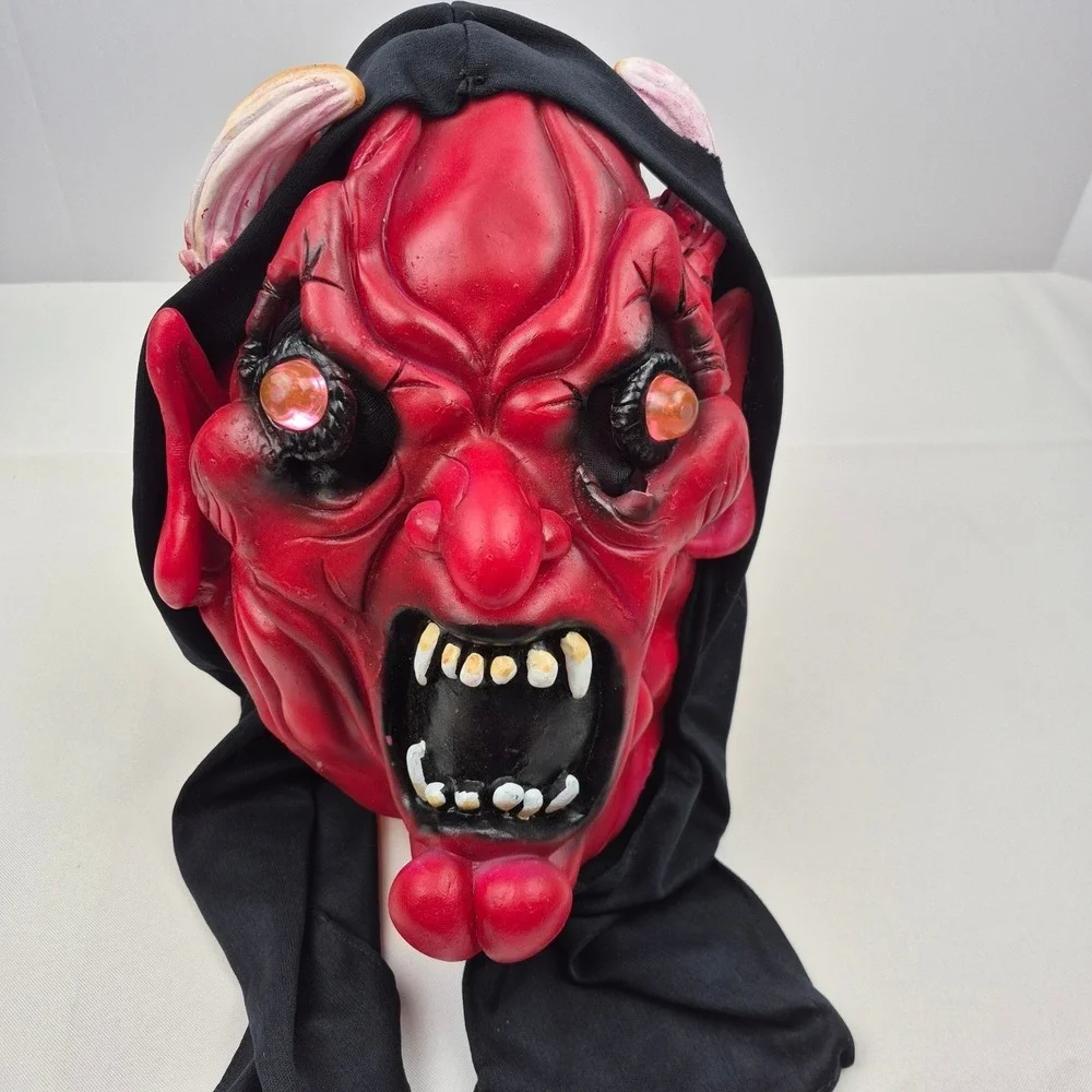 Vtg 90s Halloween Devil Demon‎ Mask Light Up Eyes Works Latex Hood Battery Op